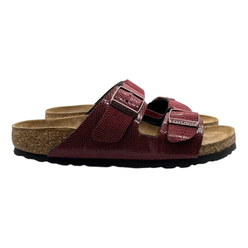 Birkenstock Arizona Birko-Flor Maroon Snake Pattern 2 Straps Slide Sandals 36
